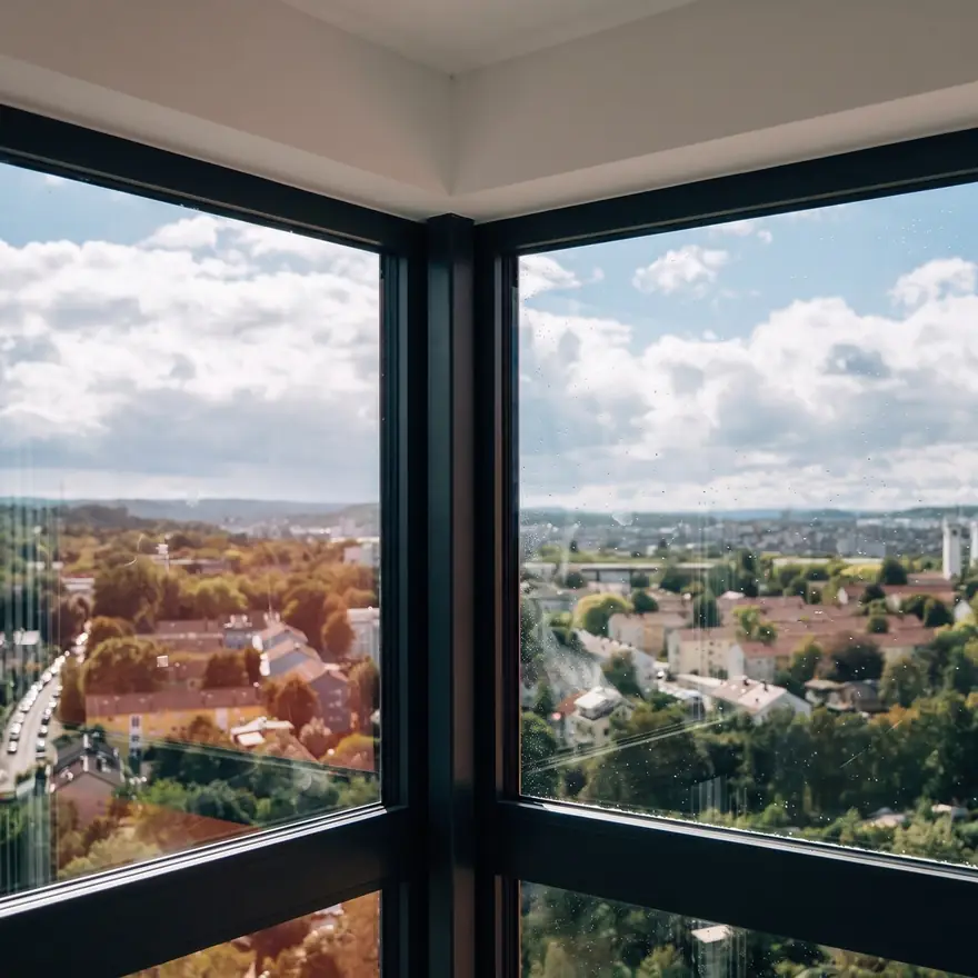 Eckverglasung mit dunklen Aluminiumrahmen im Penthouse in Stuttgart, Blick über die Stadt.